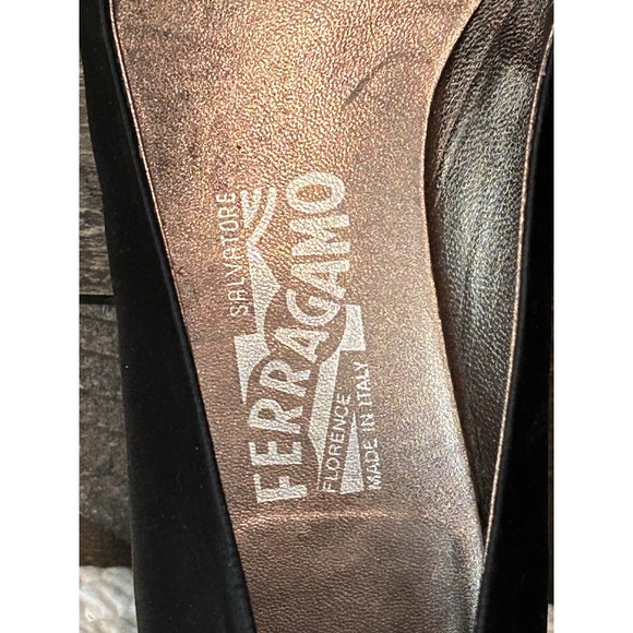 Salvatore Ferragamo Women's Black Silk Ballet Flats with Brown Satin Bow 8 - Picture 9 of 11